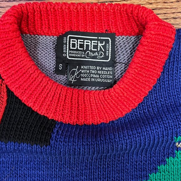 Vtg BEREK Cotton Hand Knit Ugly Christmas Sweater Tree Santa Metallic Small S - Picture 6 of 15